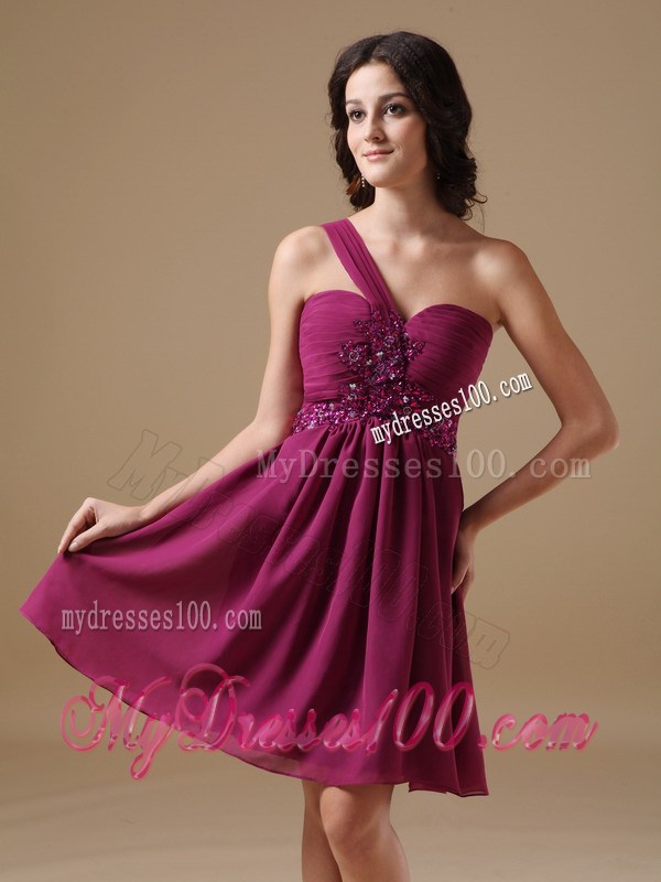 Fuchsia One Shoulder Mini-length Beading Homecoming Dresses