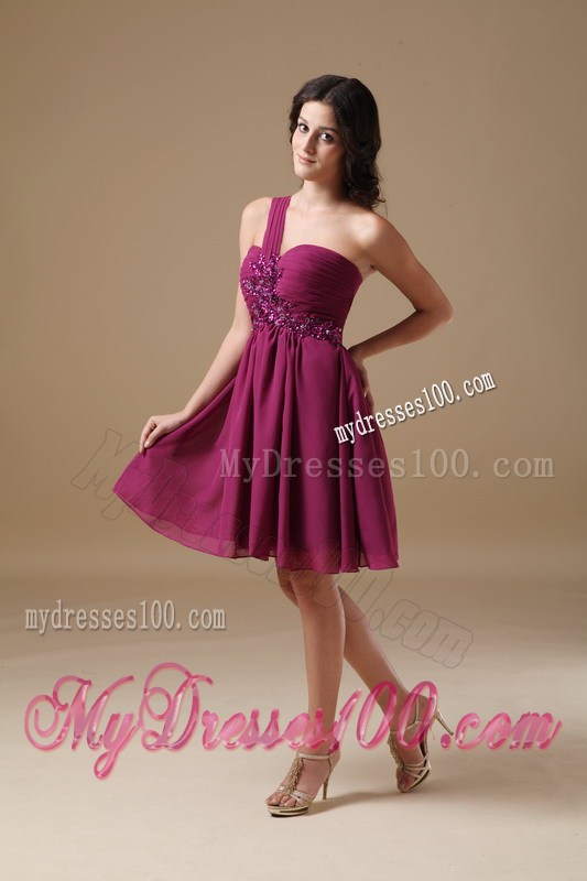 Fuchsia One Shoulder Mini-length Beading Homecoming Dresses