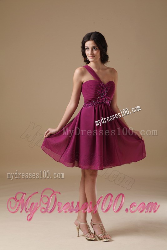 Fuchsia One Shoulder Mini-length Beading Homecoming Dresses