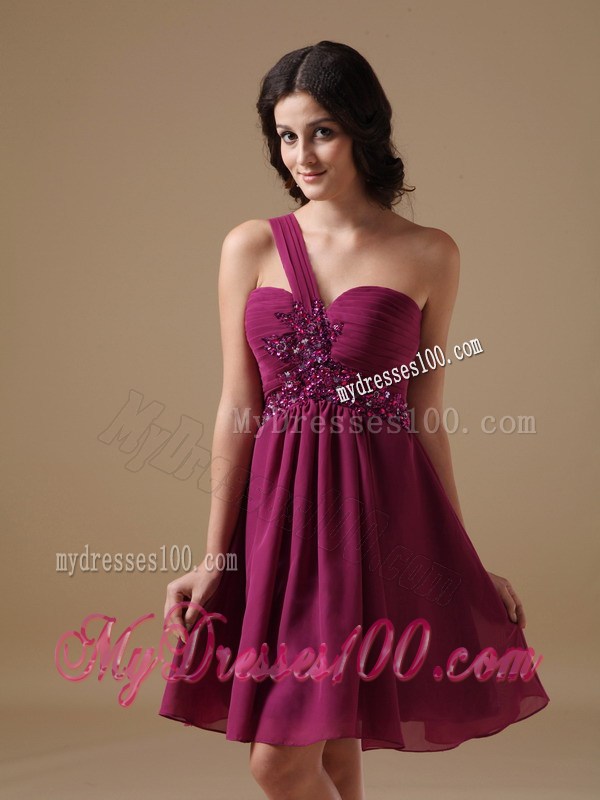 Fuchsia One Shoulder Mini-length Beading Homecoming Dresses