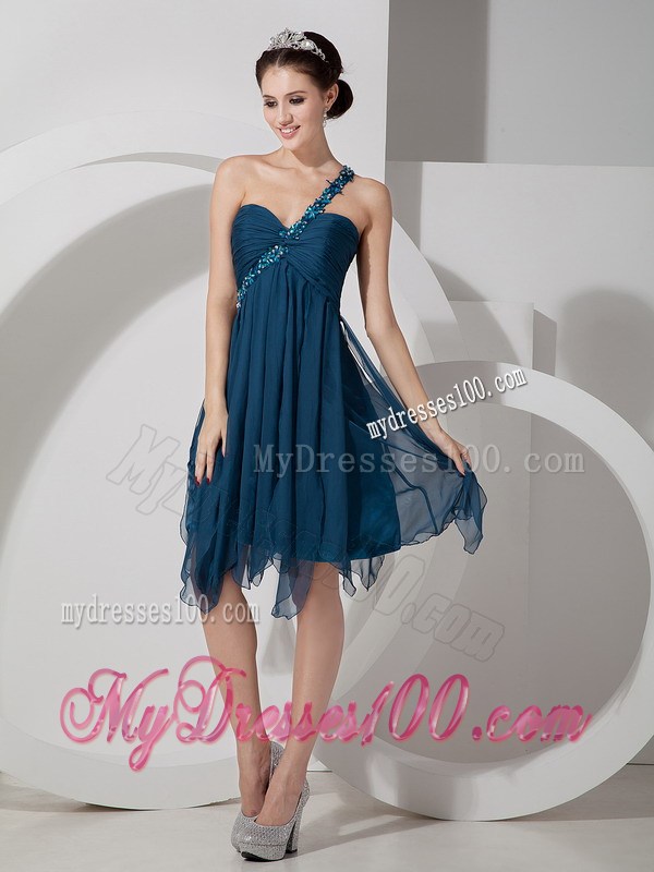 Peacock Green One Shoulder Homecoming Dresses Beading and Ruche
