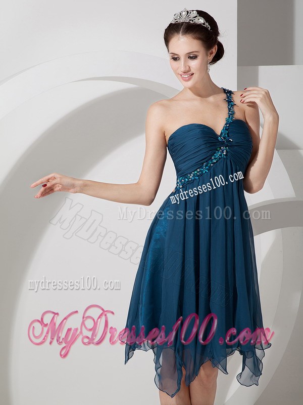 Peacock Green One Shoulder Homecoming Dresses Beading and Ruche