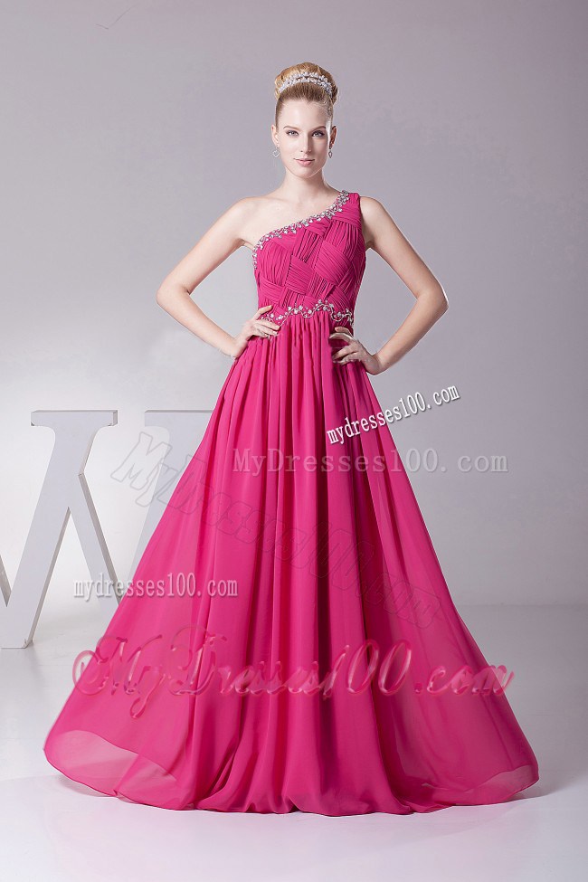 One Shoulder Ruched Bodice Hot Pink Homecoming Dresses Beading