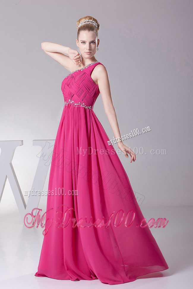One Shoulder Ruched Bodice Hot Pink Homecoming Dresses Beading