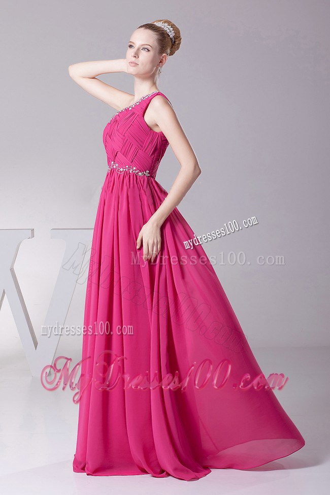 One Shoulder Ruched Bodice Hot Pink Homecoming Dresses Beading