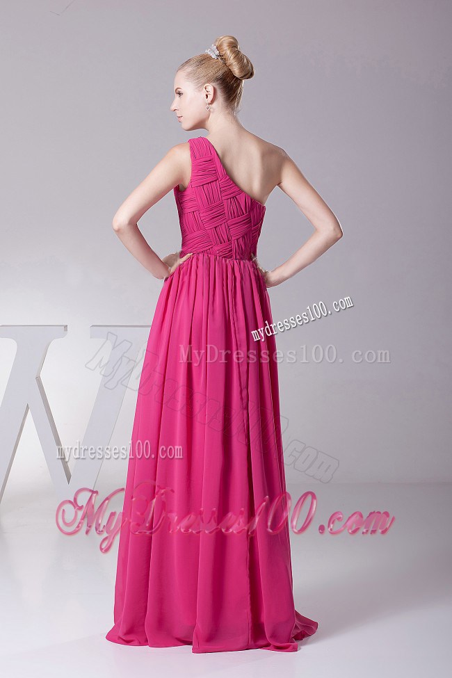One Shoulder Ruched Bodice Hot Pink Homecoming Dresses Beading