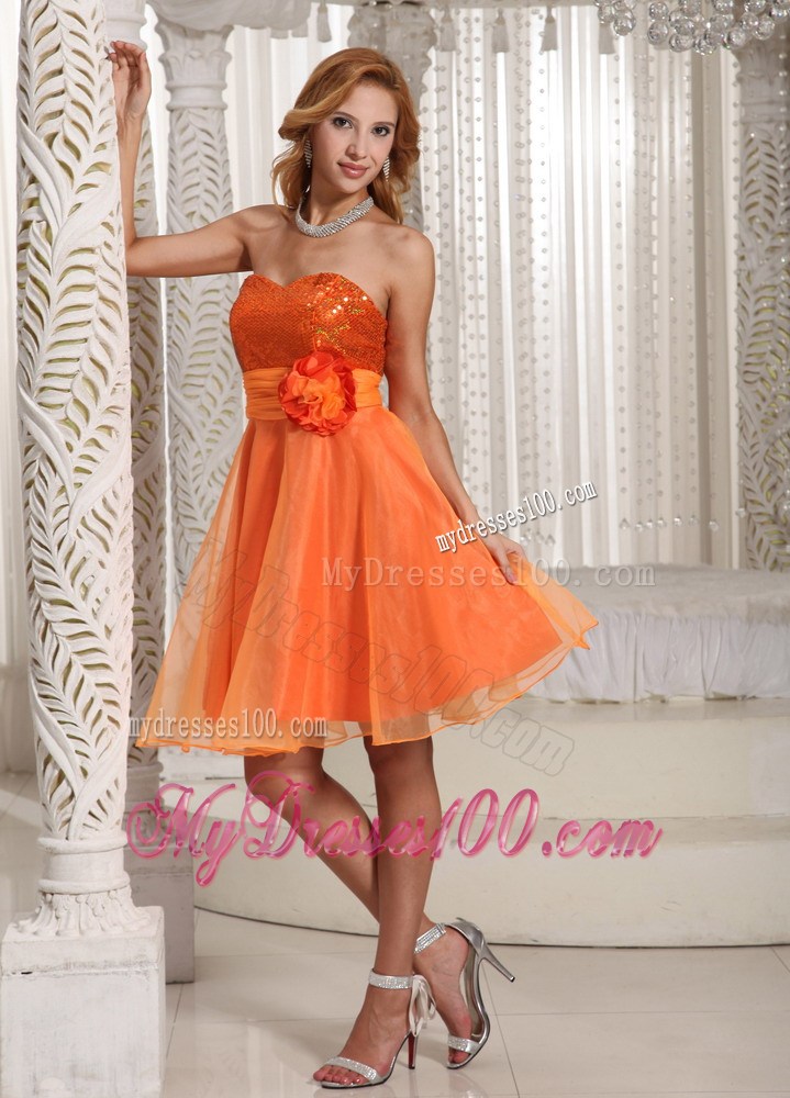 Hand Flower Belt Sequins Decorate Bust Homecoming Dress Orange