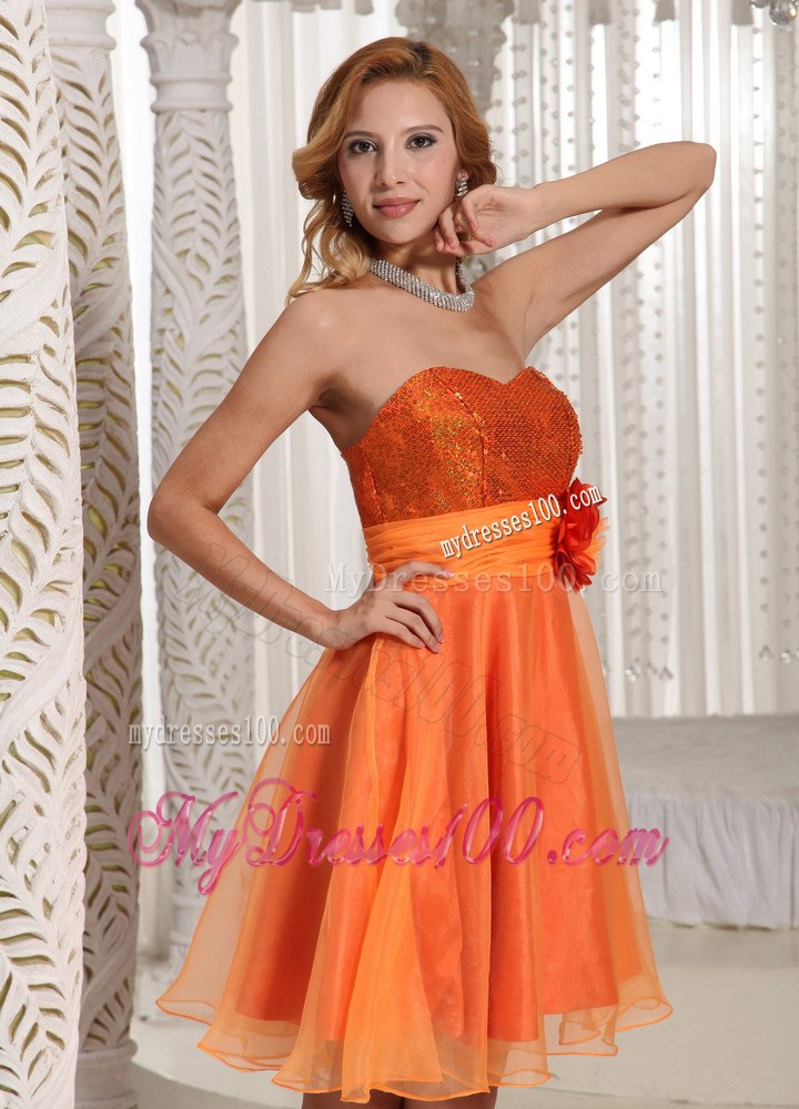 Hand Flower Belt Sequins Decorate Bust Homecoming Dress Orange