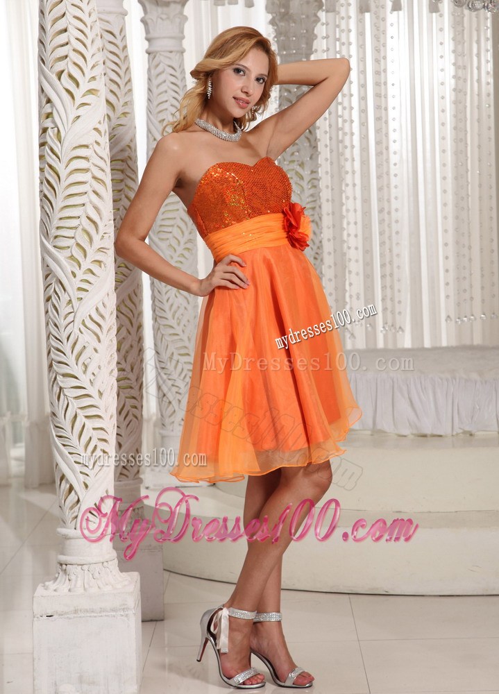 Hand Flower Belt Sequins Decorate Bust Homecoming Dress Orange