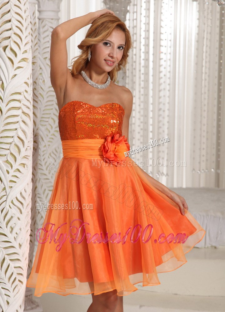 Hand Flower Belt Sequins Decorate Bust Homecoming Dress Orange