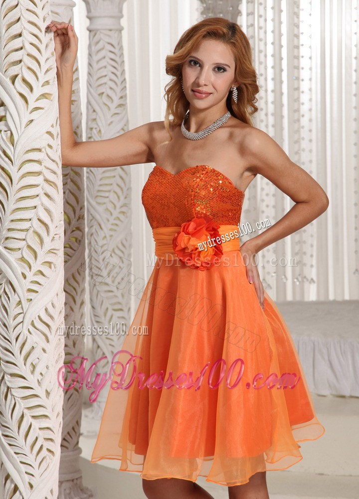 Hand Flower Belt Sequins Decorate Bust Homecoming Dress Orange