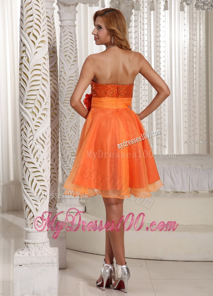 Hand Flower Belt Sequins Decorate Bust Homecoming Dress Orange