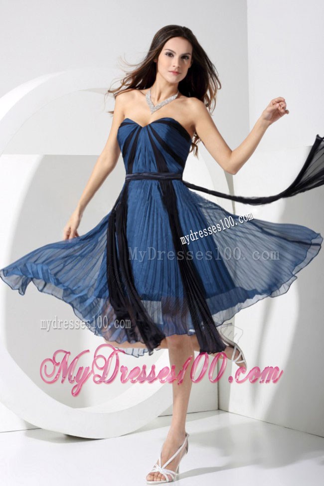 Pleat Blue and Black Sweetheart Tea-length 2013 Homecoming Dresses