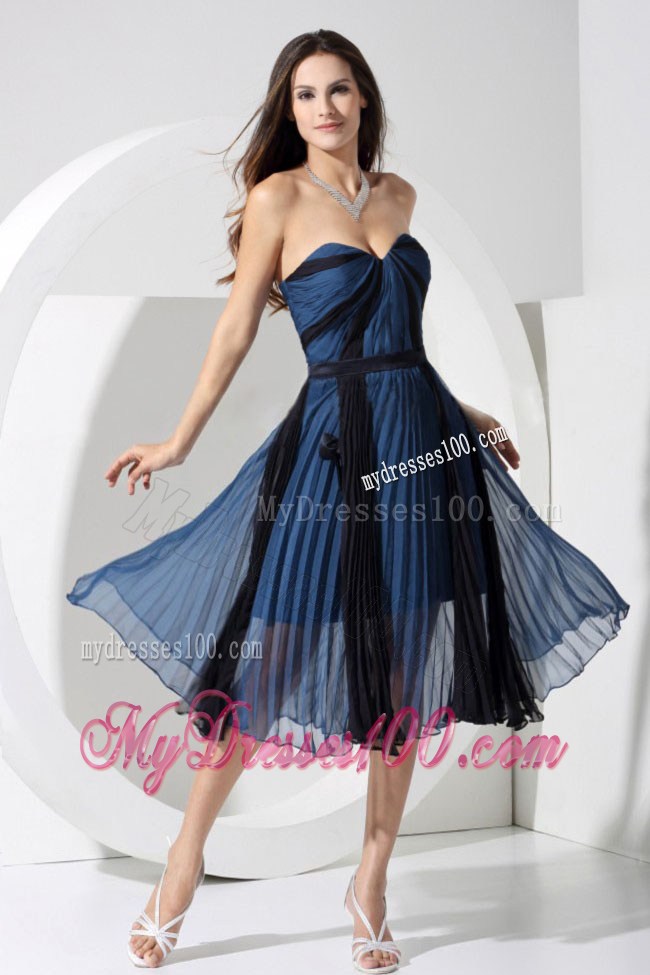 Pleat Blue and Black Sweetheart Tea-length 2013 Homecoming Dresses