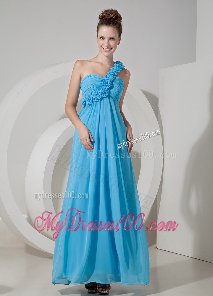 Cheap Aqua Blue One Shoulder Homecoming Dresses Hand Flowers