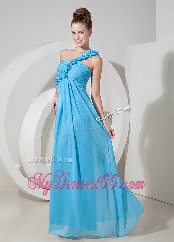 Cheap Aqua Blue One Shoulder Homecoming Dresses Hand Flowers