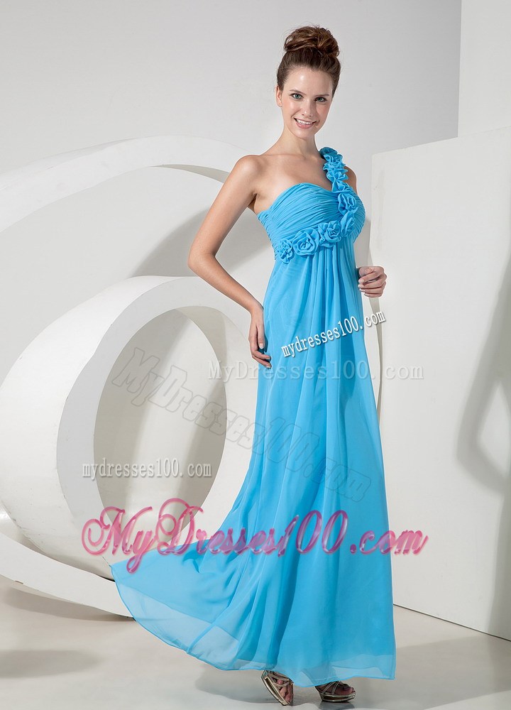 Cheap Aqua Blue One Shoulder Homecoming Dresses Hand Flowers