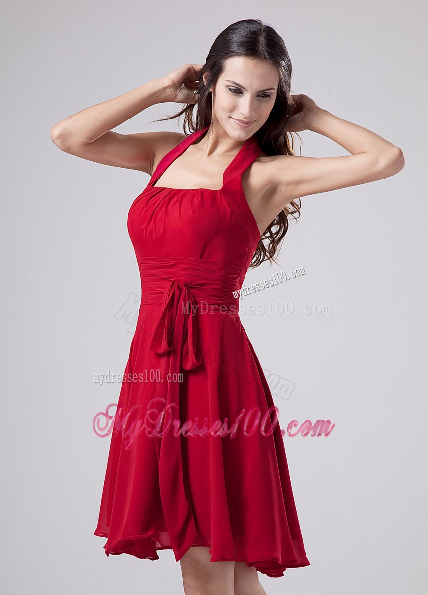 Red Halter Chiffon Knee-length Bridesmaid Dress Wedding Party