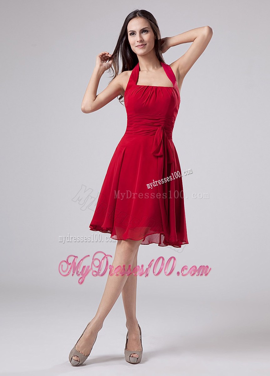 Red Halter Chiffon Knee-length Bridesmaid Dress Wedding Party