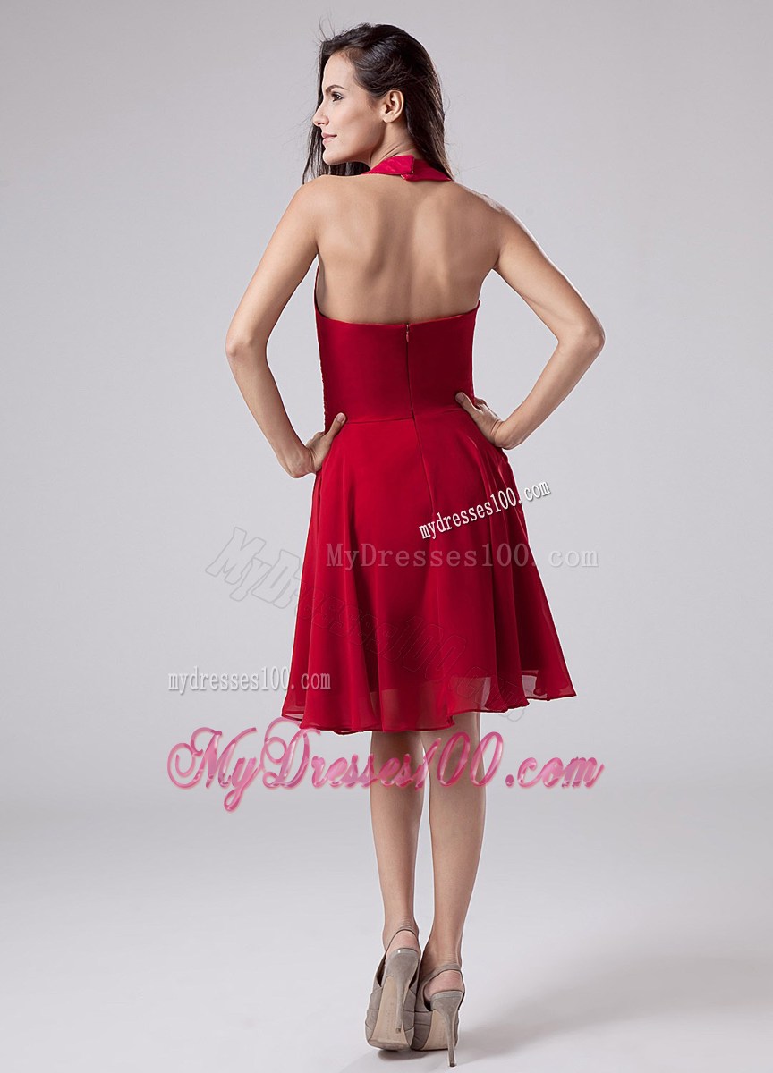 Red Halter Chiffon Knee-length Bridesmaid Dress Wedding Party