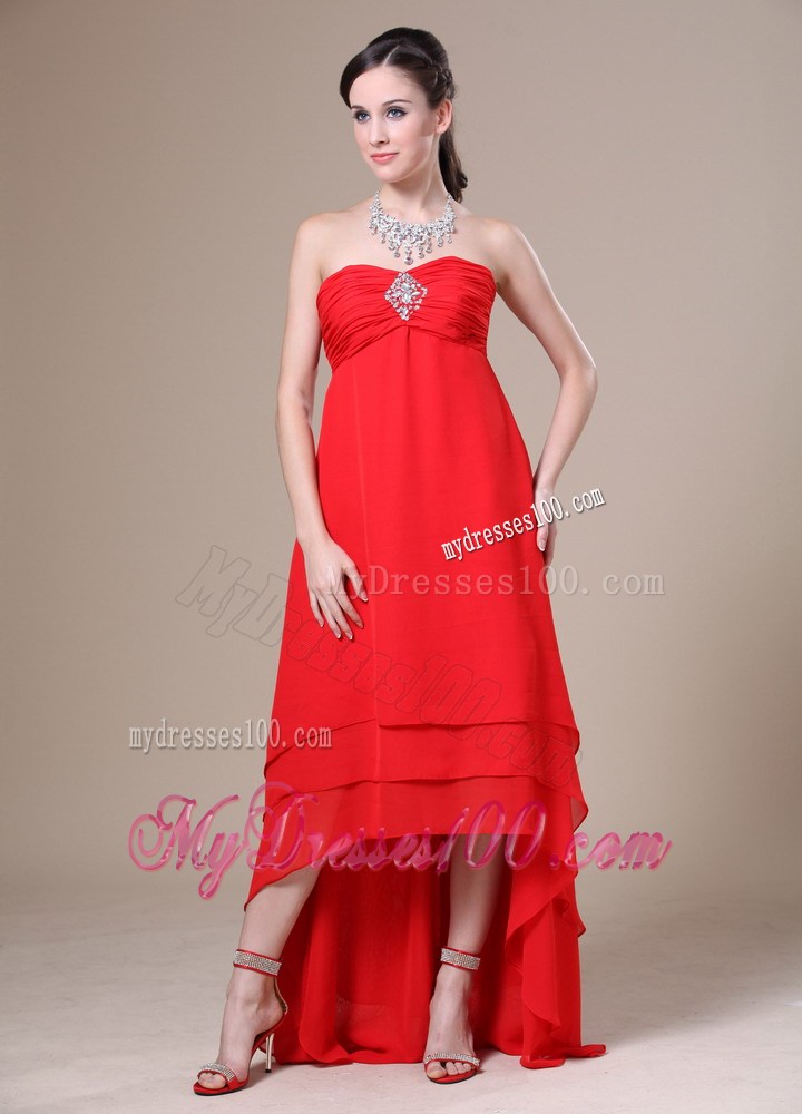Red High-low Ruched For 2013 Homecoming Dresses With Beading