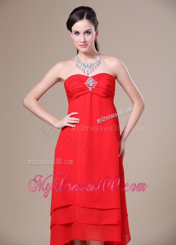 Red High-low Ruched For 2013 Homecoming Dresses With Beading