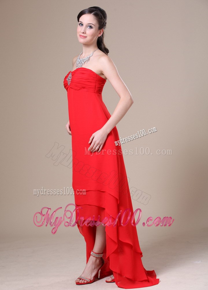 Red High-low Ruched For 2013 Homecoming Dresses With Beading