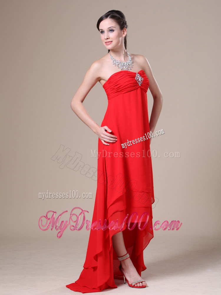 Red High-low Ruched For 2013 Homecoming Dresses With Beading