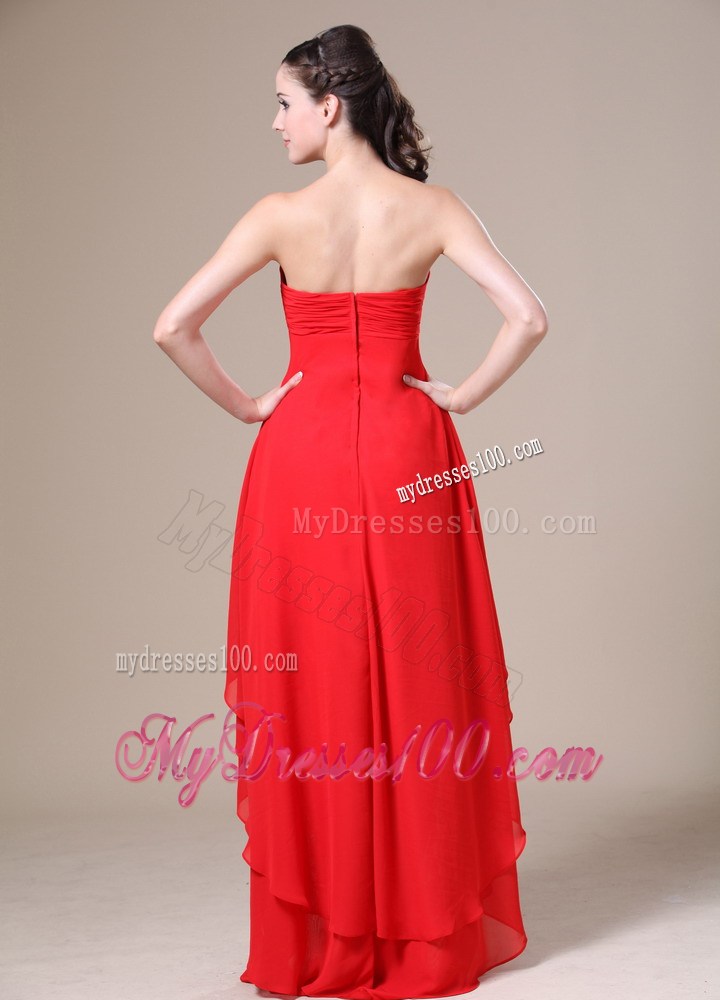 Red High-low Ruched For 2013 Homecoming Dresses With Beading