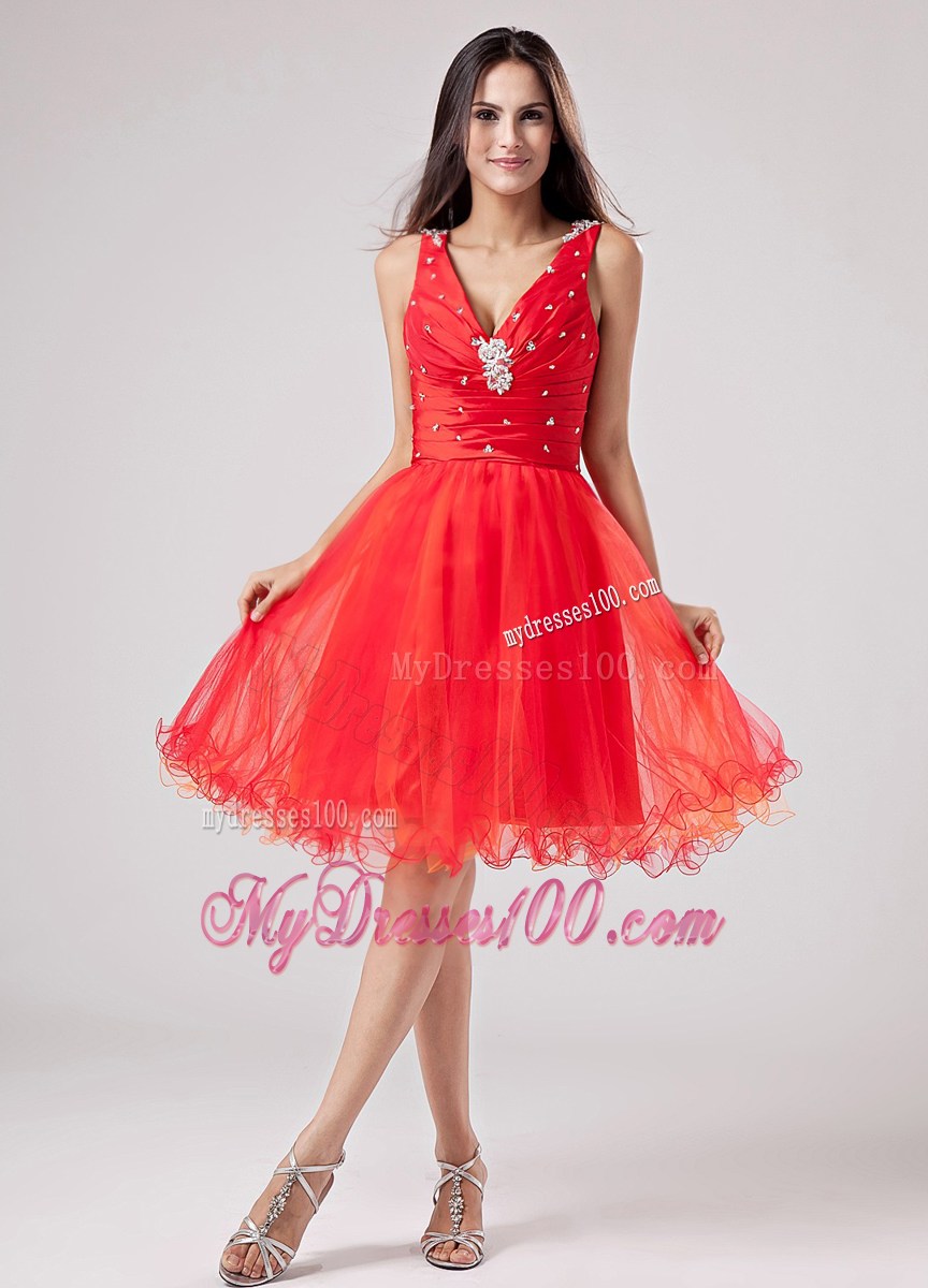 Red V-neck Sweet 2013 Homecoming Dresses With Beading and Ruche