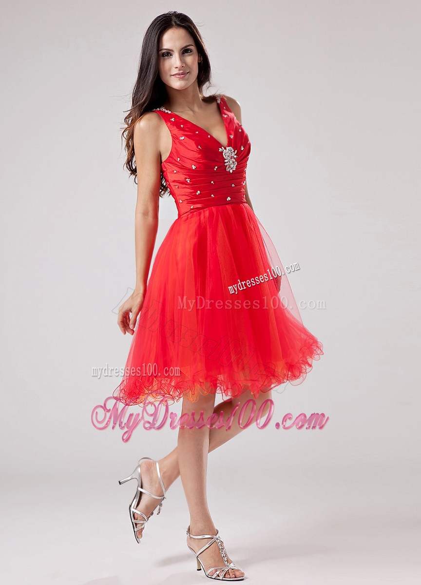 Red V-neck Sweet 2013 Homecoming Dresses With Beading and Ruche