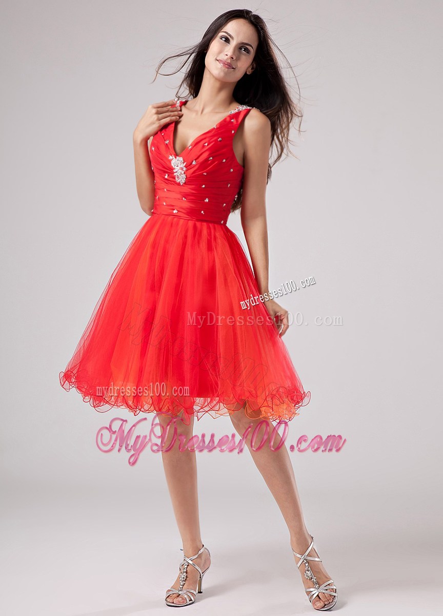 Red V-neck Sweet 2013 Homecoming Dresses With Beading and Ruche