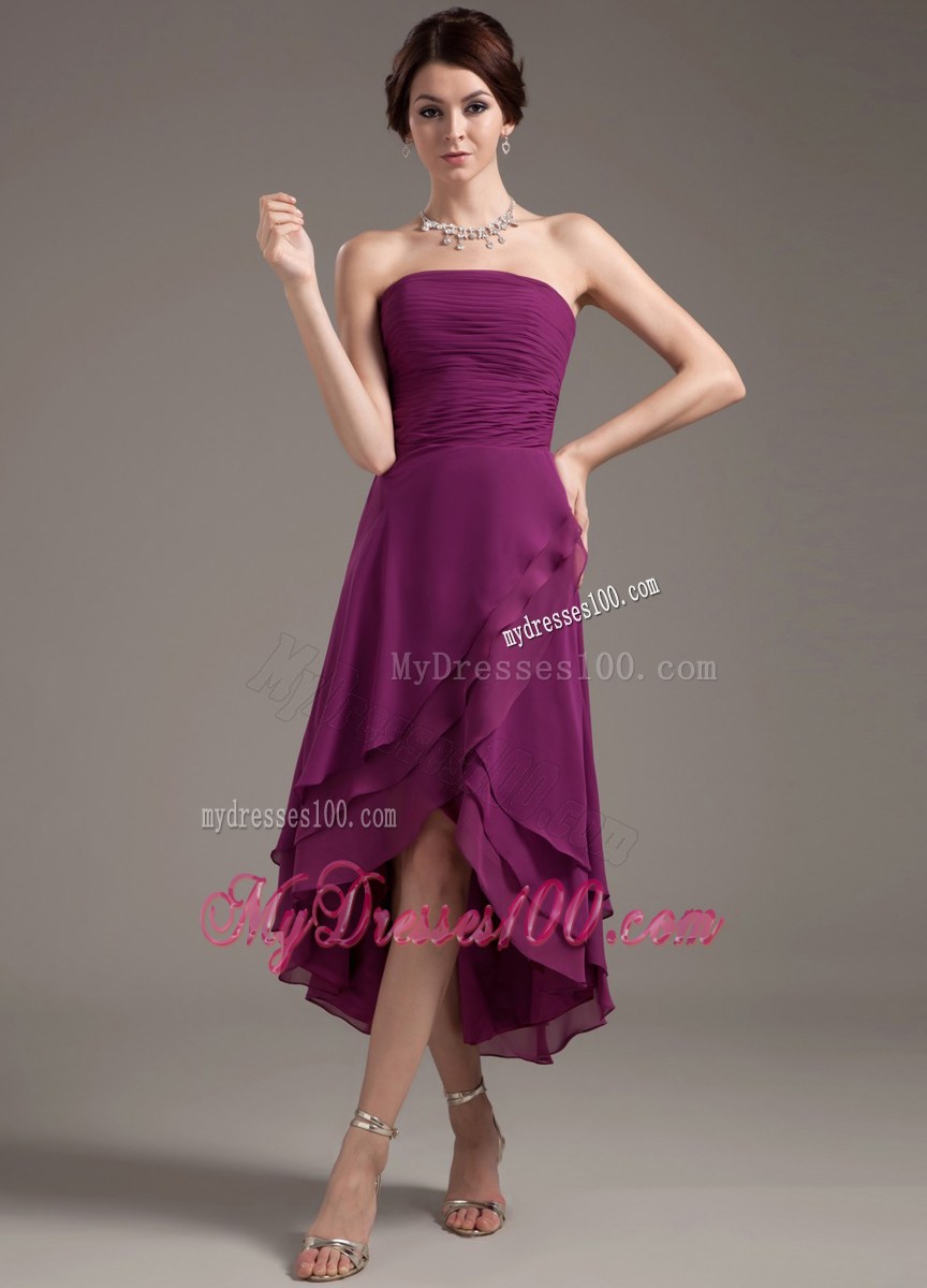 Ruching High-low Homecoming Dresses with Dark Purple Strapless