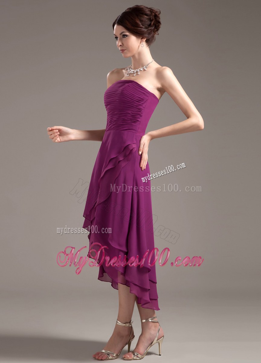 Ruching High-low Homecoming Dresses with Dark Purple Strapless