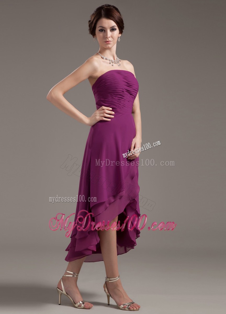 Ruching High-low Homecoming Dresses with Dark Purple Strapless