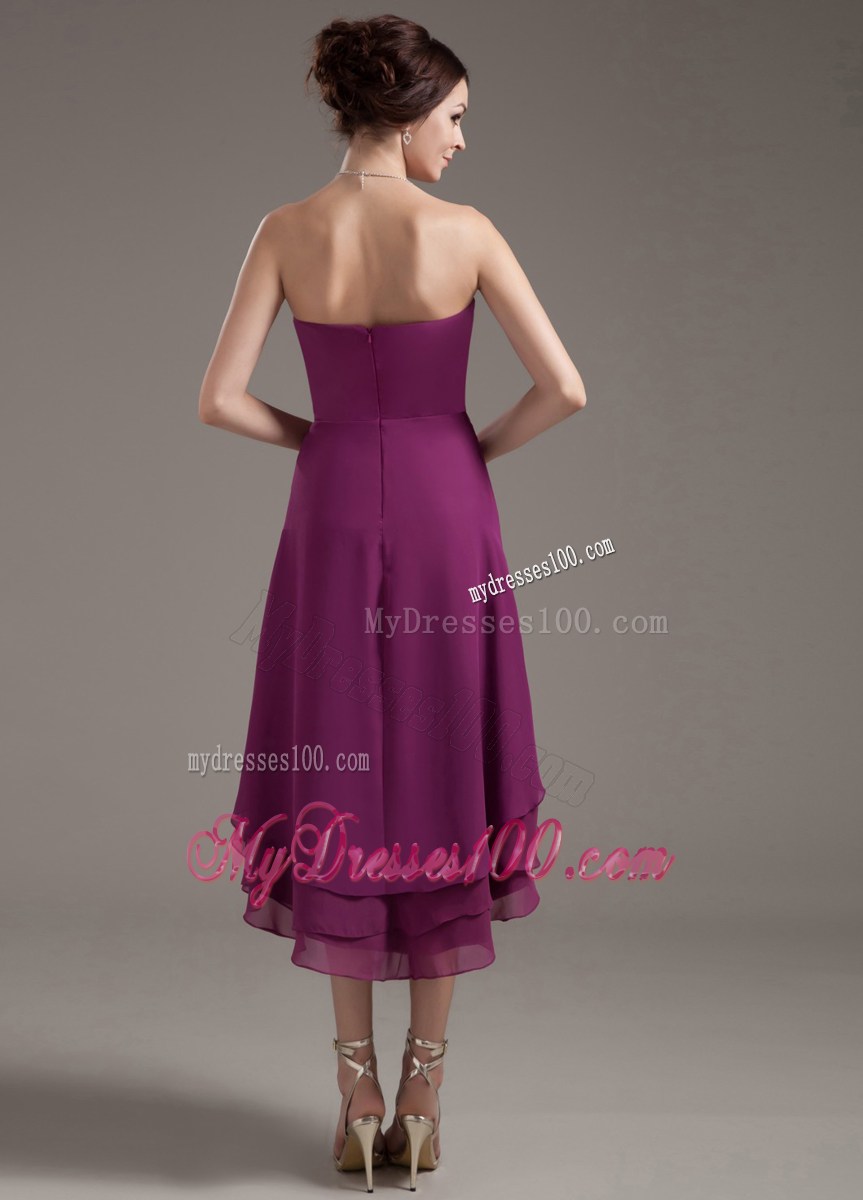 Ruching High-low Homecoming Dresses with Dark Purple Strapless