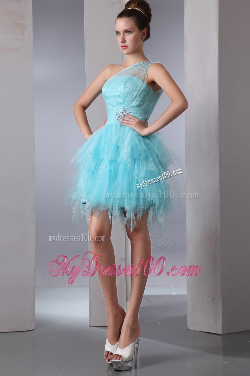 Aqua Blue One Shoulder Homecoming Dress Asymmetrical Beading