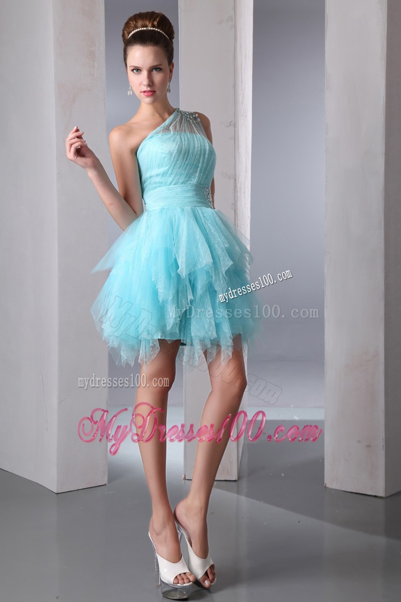 Aqua Blue One Shoulder Homecoming Dress Asymmetrical Beading