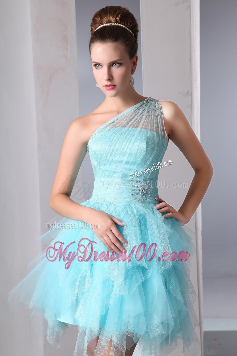 Aqua Blue One Shoulder Homecoming Dress Asymmetrical Beading