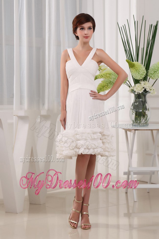 Ruffles White V-neck Knee-length Ruffles Homecoming Dresses