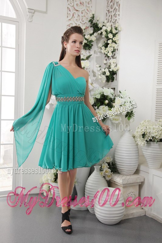 Turquoise One Shoulder Knee-length Beading Homecoming Dresses