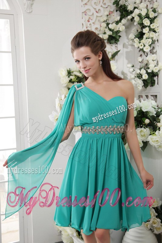Turquoise One Shoulder Knee-length Beading Homecoming Dresses
