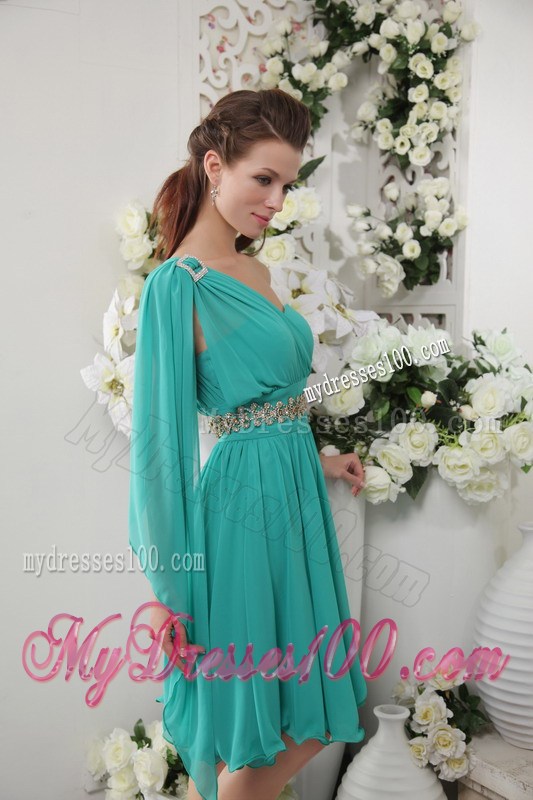 Turquoise One Shoulder Knee-length Beading Homecoming Dresses