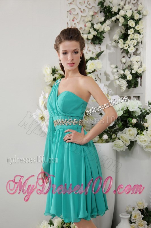 Turquoise One Shoulder Knee-length Beading Homecoming Dresses
