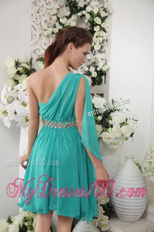 Turquoise One Shoulder Knee-length Beading Homecoming Dresses