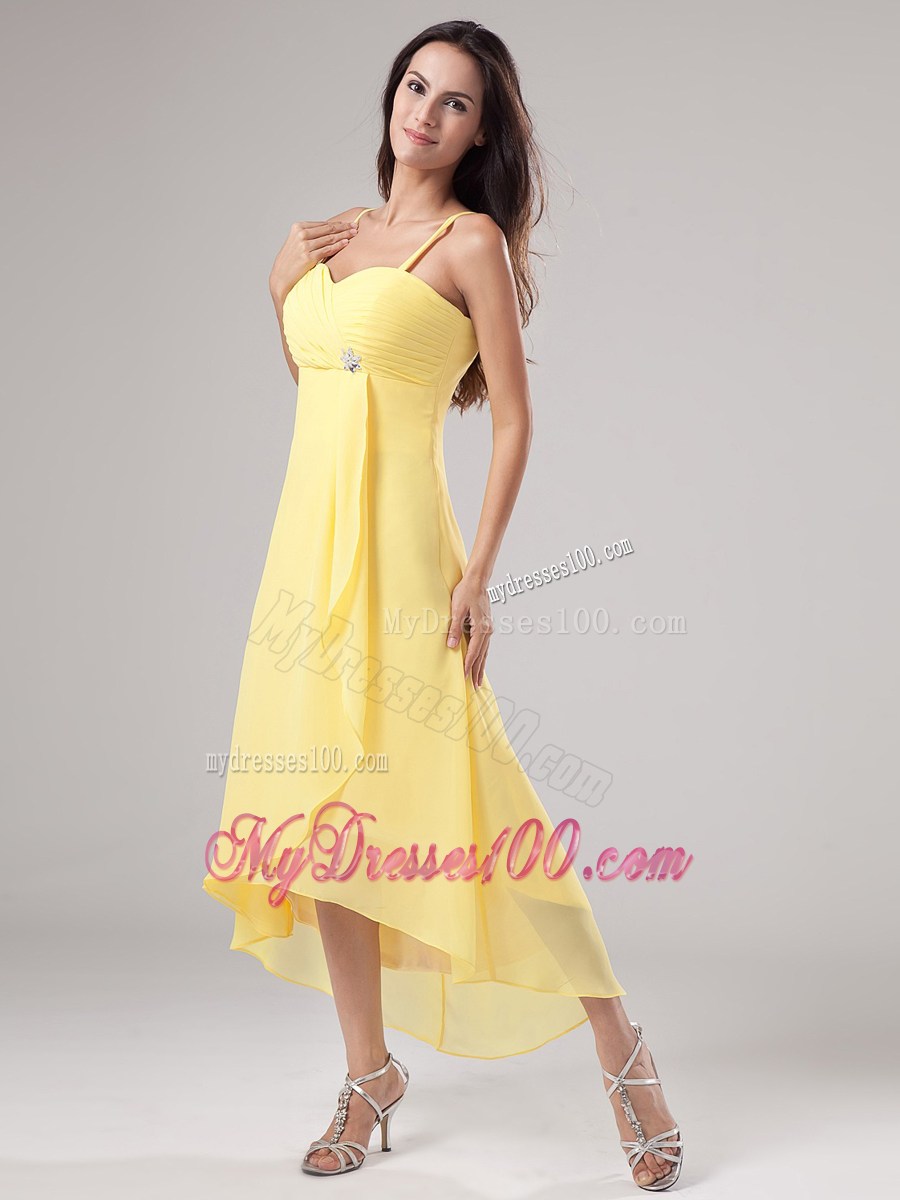 Simple Yellow Spaghetti Straps Homecoming Dresses Beading Ruche