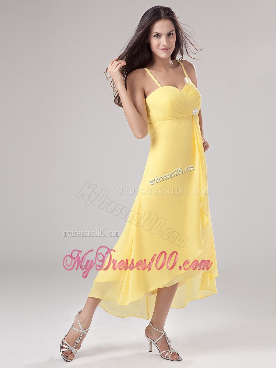 Simple Yellow Spaghetti Straps Homecoming Dresses Beading Ruche