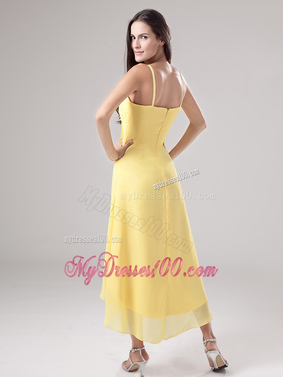 Simple Yellow Spaghetti Straps Homecoming Dresses Beading Ruche