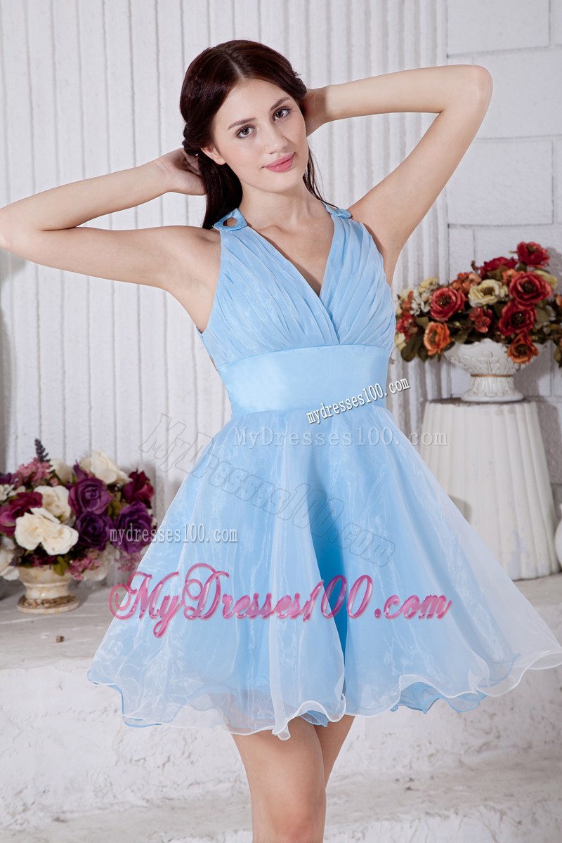 Sky Blue Princess V-neck Mini-length Pleat Prom Homecoming Dress