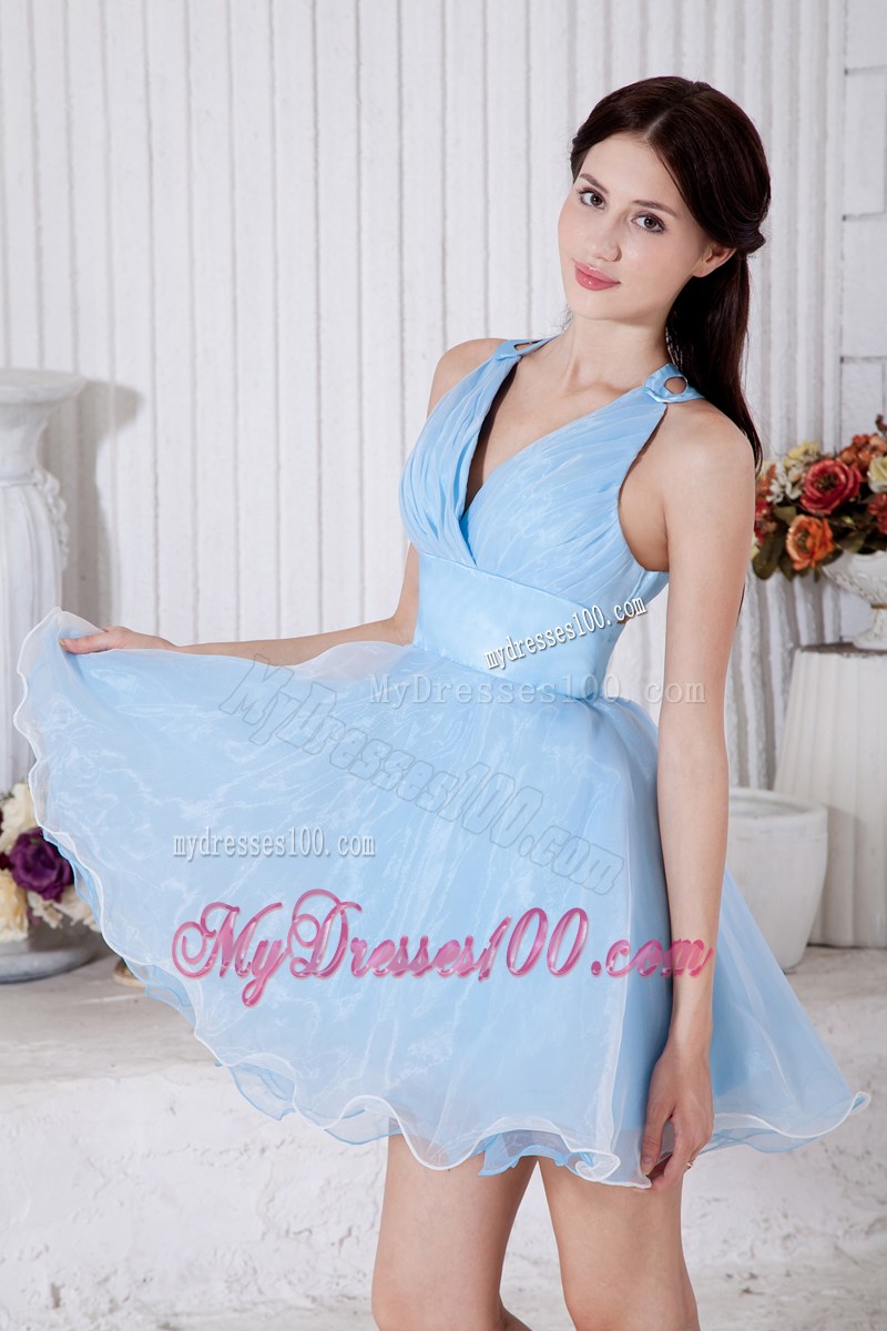 Sky Blue Princess V-neck Mini-length Pleat Prom Homecoming Dress